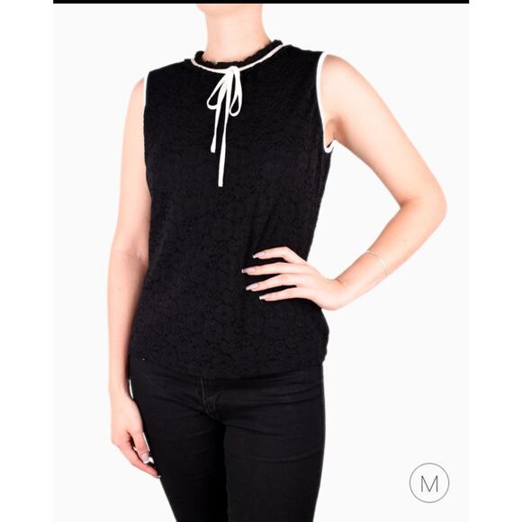 Karl Lagerfeld Paris Black Lace Tank Top Blouse Lined Neck Tie Womens Large - Picture 5 of 9